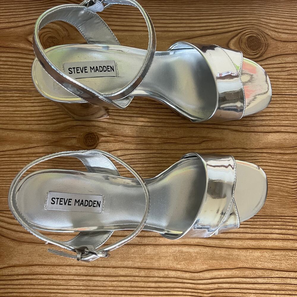 Steve Madden Silver Chunky Platform Heeled Sandals Womens 10 Emberly - Picture 4 of 12